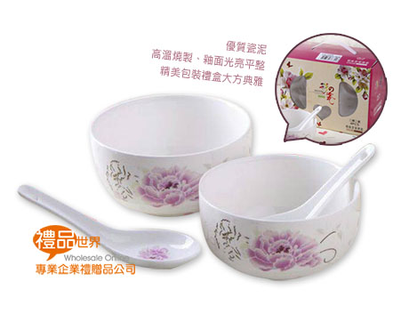    柔粉牡丹餐具四件組、陶瓷碗、湯匙組、碗筷組
